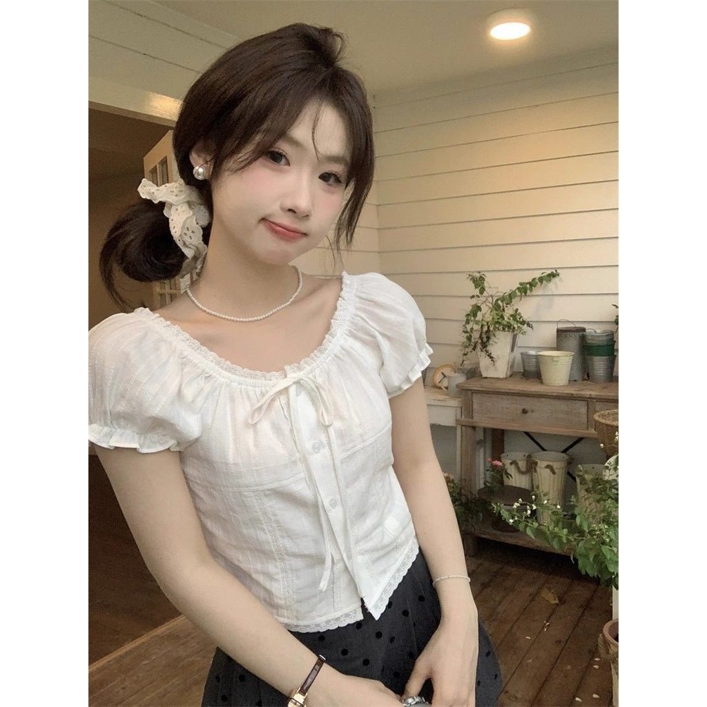 ขนาดเล็กสไตล์สั้นสไตล์ใหม่ลูกไม้เสื้อฟองฤดูร้อนบางแขนสั้นเสื้อเก๋หวาน สูงสุด