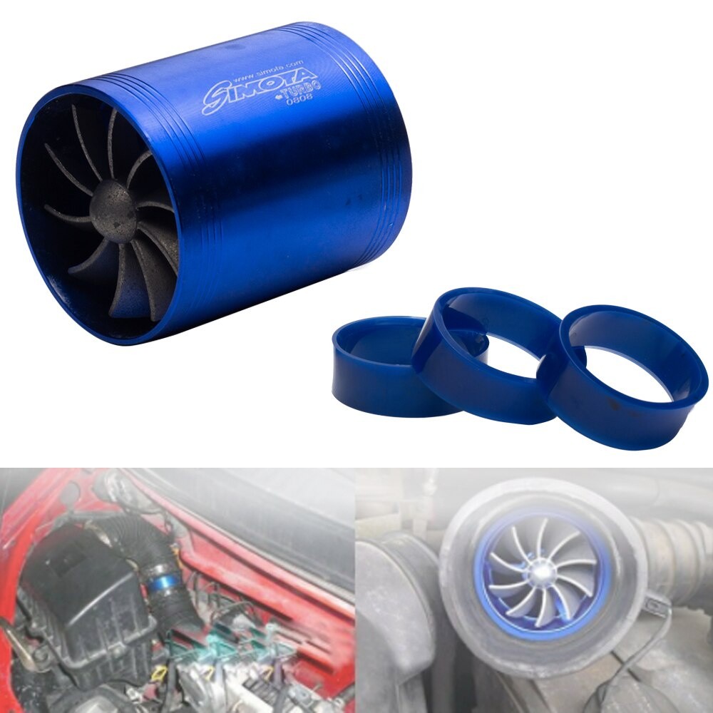 ในสต็อก Blue Simota Double Turbine Turbo Charger Air Intake แก๊สการใช้ Saver พัดลมเดี่ยวรถ Superchar