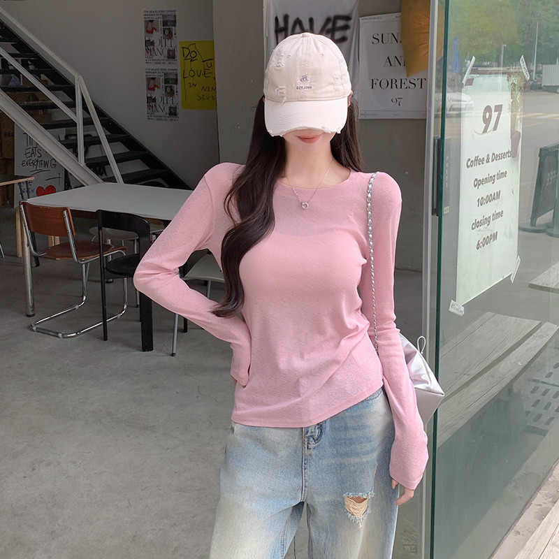 87267 เสื้อยืดแขนยาวบางหลวมสีทึบเข้ากันทั้งหมด