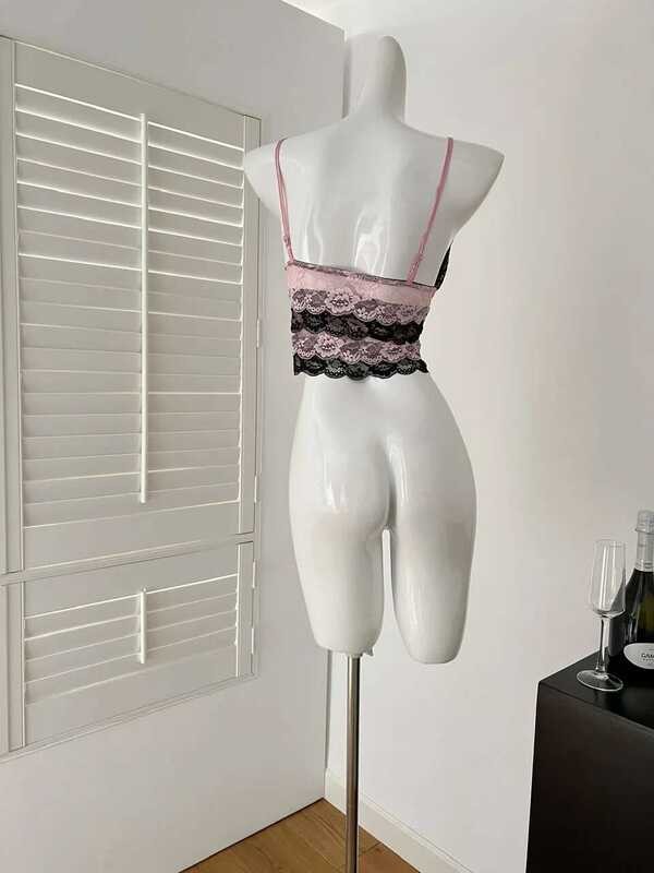 ▥ ฤดูร้อนผู้หญิง Camisole ลูกไม้สีดํา Halter Gyaru Coquette Dark Academia 2000S Aesthetic สีชมพ