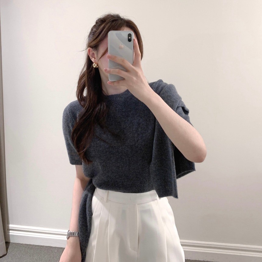 80518 สองชิ้นเสื้อกันหนาวแขนยาว/คอกลมแขนสั้นด้านใน จับคู่