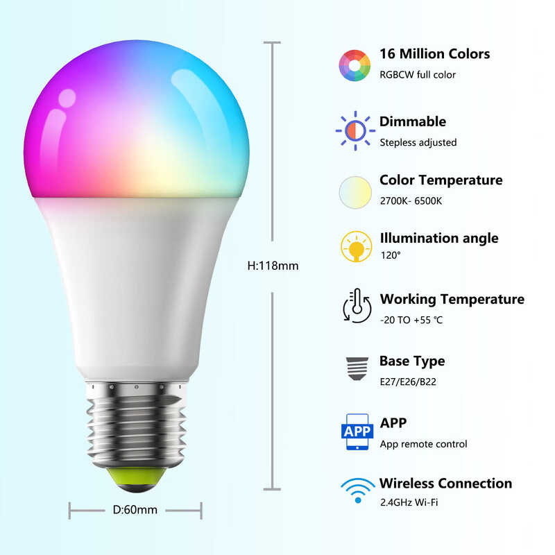 A19 🍀 E26/E27 9W Color Changing LED Light Bulb, Wifi & Bluetooth 5.0, Warm To Cool White, Dim