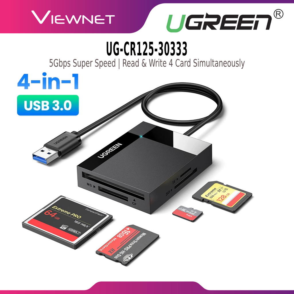 UGREEN CR125 4-IN-1 SUPER SPEED USB 3.0 USB-A TO SD TF CF MS SLOT CARD READER 50CM (UG-CR125-30333)