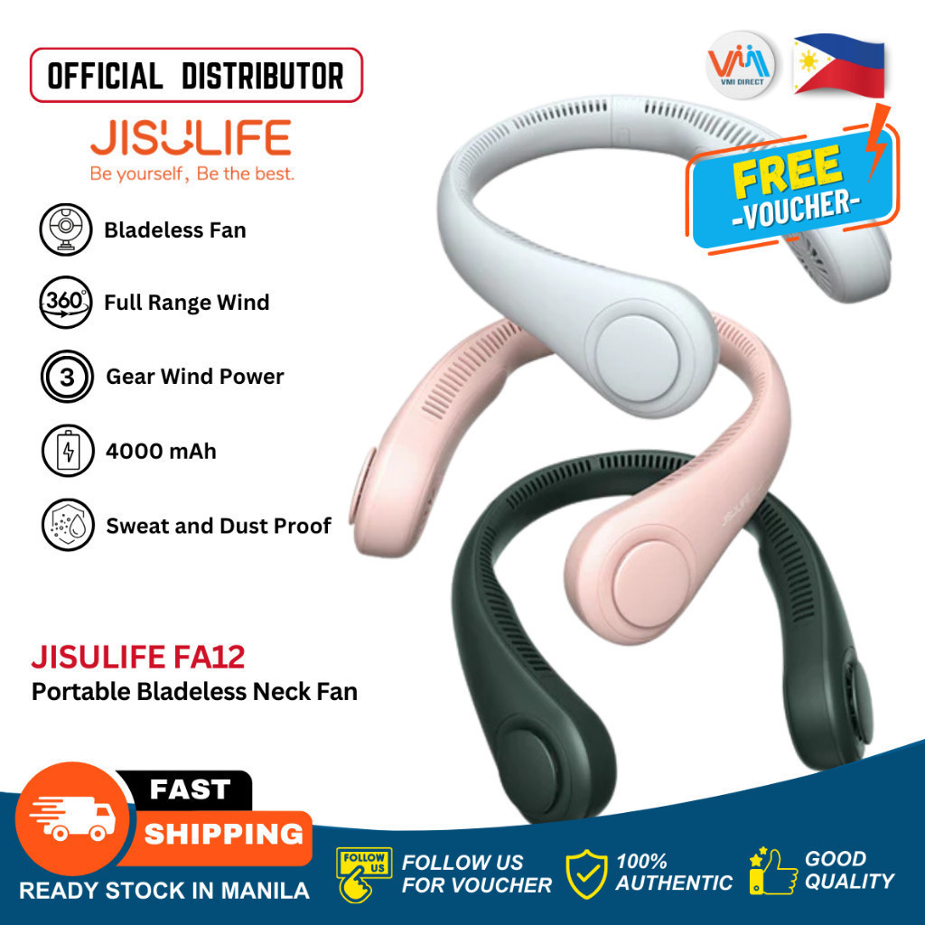 Jisulife FA12 พัดลมคล้องคอไร้ใบพัด 4000mAh แฮนด์ฟรีสวมใส่แขวนมือถือแบบพกพาพัดลมเงียบ VMI
