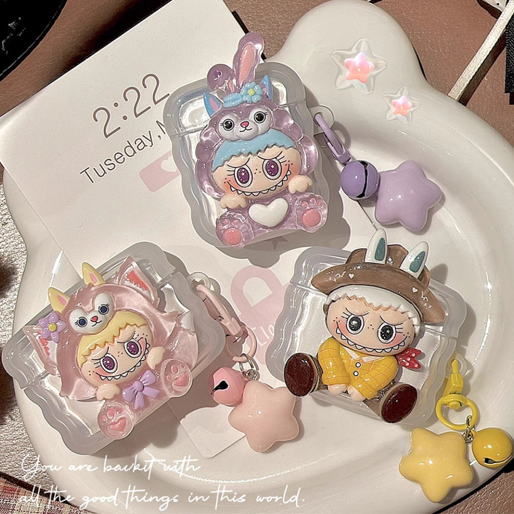 การ์ตูนน่ารัก 3D Labubu หูฟังพร้อม Bell Charm สําหรับ Airpods 1 2 3 4 Airpod Pro 2 หูฟังไร้สายบลูทูธ Hard Anti-drop ชุดหูฟังฝาครอบป้องกัน