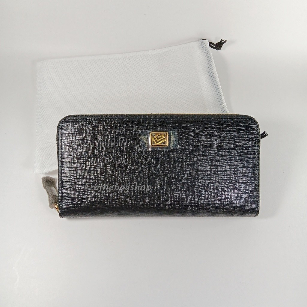 Guy Laroche กระเป๋าสตางค์ผู้หญิงใบยาว ซิปรอบ สีดำ หนังลาย อะไหล่ทอง หนังแท้ ของแท้100%
