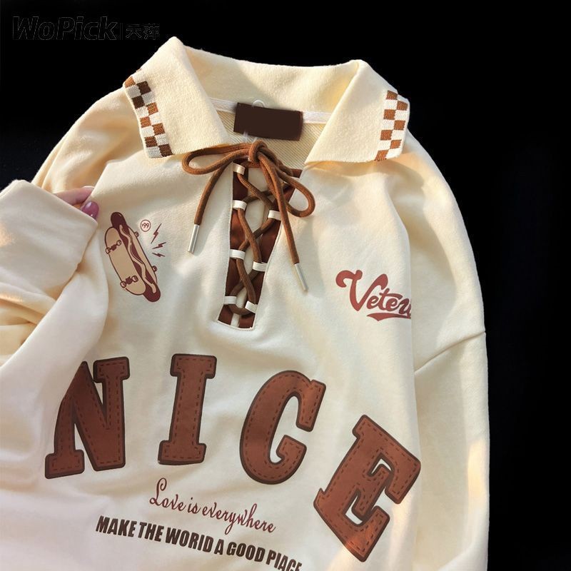 [ขายร้อน] Heping American Retro Letter polo Collar Laced-Up Sweatshirt ผู้หญิงฤดูใบไม้ร่วงฤดูหนาวสไต