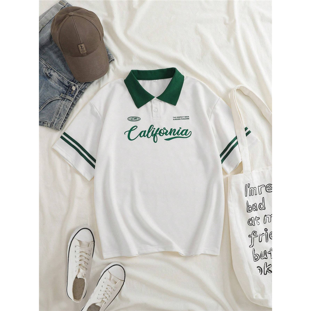 INAWLY Letter Graphic Contrast Collar Tee Graphic Tees Women Tops polo