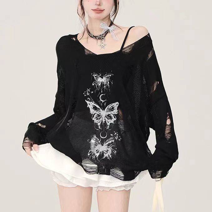 สาวร้อนกราฟฟิตีผีเสื้อกลวงสไตล์ใหม่แขนยาวฤดูร้อนเสื้อถักขี้เกียจหลวมทุกการแข่งขันเสื้อถักด้านบน