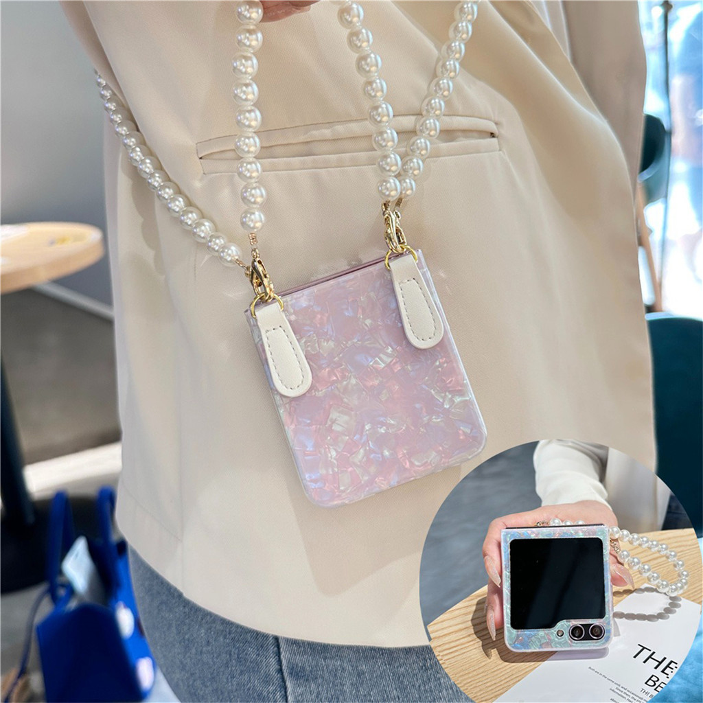 เคสโทรศัพท์หรูหราพร้อมสายคล้องไหล่มุกแบบพกพาสําหรับ Samsung Galaxy Z Flip5 Zflip6 ZFlip 5 Flip6 ฝาครอบกันกระแทก
