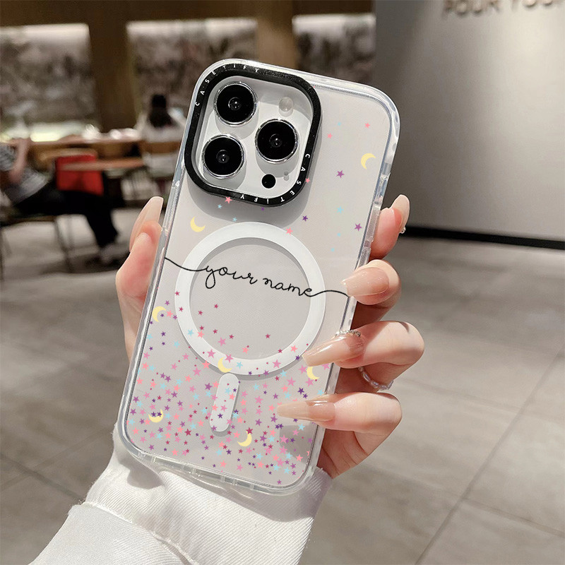 Diy ปรับแต่งชื่อของคุณไร้สายชาร์จแม่เหล็กสําหรับ IPhone 11 14 15 16 Pro Max 12 13 Pro Max ฝาครอบ 15 16 PLUS ซิลิโคนนุ่มกันชนใสกันกระแทก