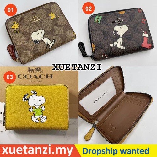 ♞,♘,♙COACH ce704 ce708 Snoopy กระเป๋าสตางค์ผู้หญิง/กระเป๋าสตางค์ซิปแบบสั้น/ลายสนูปปี้/ชื่อร่วม eyru