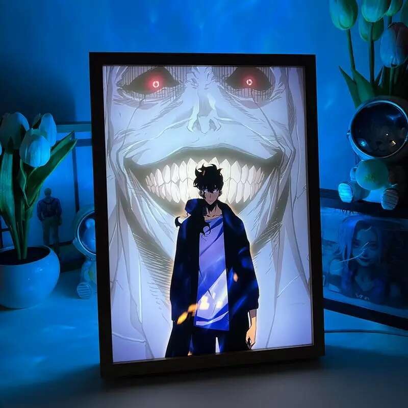 Solo Leveling Sung Jin Woo ไฟ LED ขึ้นกรอบภาพวาดผนังแอนิเมชั่นไฟกลางคืนศิลปะ