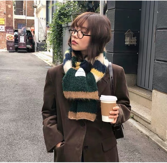 ผ้าพันคอผ้าโมแฮร์ลายทางหลากสีสันในฤดูหนาว ~ ผ้าพันคอขนสัตว์ผ้าคลุมไหล่แฟชั่นสีตัดกันของญี่ปุ่นและเก