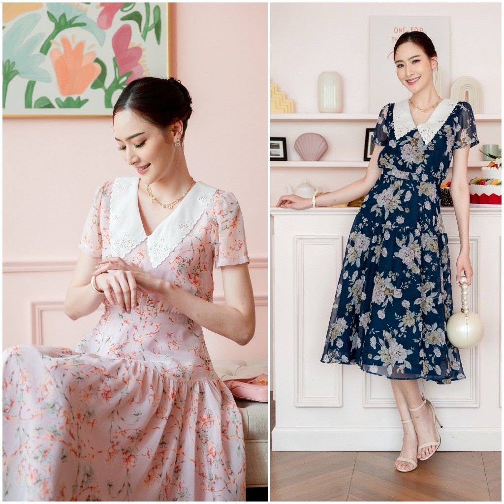 PD282 Collar Midi Dress เดรสผ้าชีฟอง คอวี ปกลูกไม้สีขาว กระโปรงบานย้วย