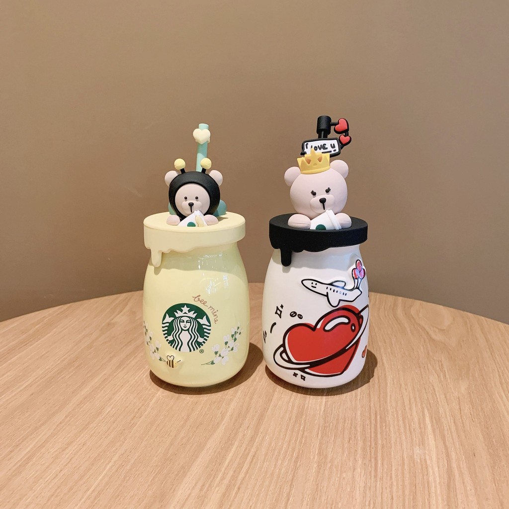 Starbucks Cup 2021 ของขวัญวันวาเลนไทน์ Bee Bear Bear Love Milk Can with Lid Ceramic Straw Water Cup