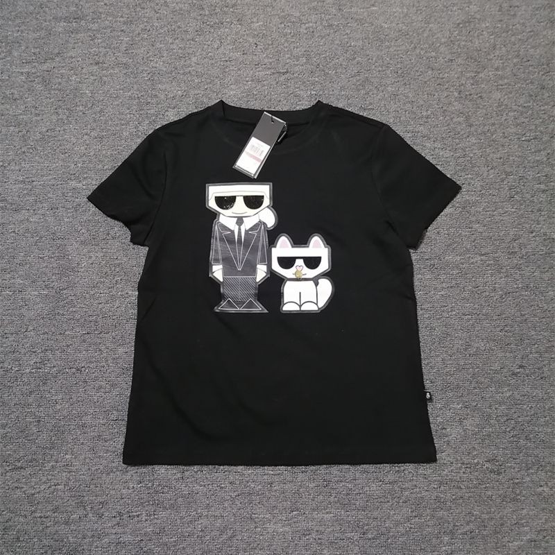 KARL เสื้อผ้าผู้หญิงผ้าฝ้าย Offset การพิมพ์จี้โลหะพิมพ์การ์ตูนแมวตัวอักษรรอบคอ Casual Shor