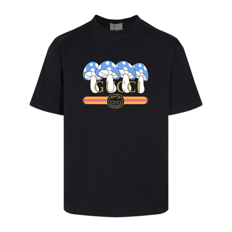 GUCCI5401 เสื้อยืดหลวมสีดํา GUGGI พิมพ์ฤดูใบไม้ผลิสไตล์ฤดูร้อน OL สไตล์ Basic Simple