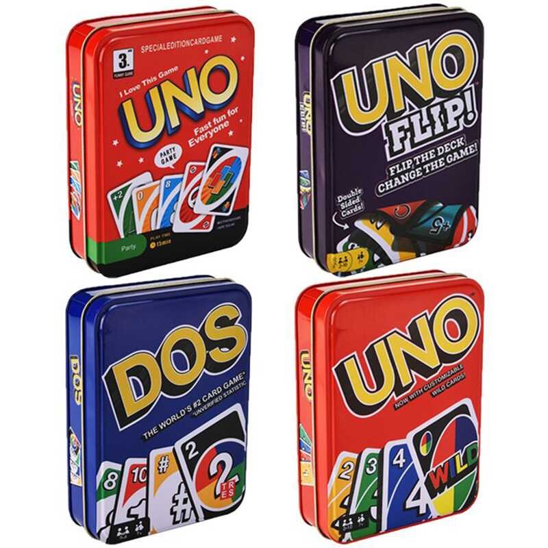 ◆ UNO DOS FLIP Tin Box ครอบครัวการ์ดเกมสนุกโป๊กเกอร์เกมการ์
