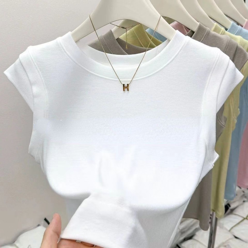 ฤดูร้อนสไตล์ใหม่คอกลมแขนบินเสื้อยืดแขนสั้นสีขาวผู้หญิงแขนกุดเข้ารูป