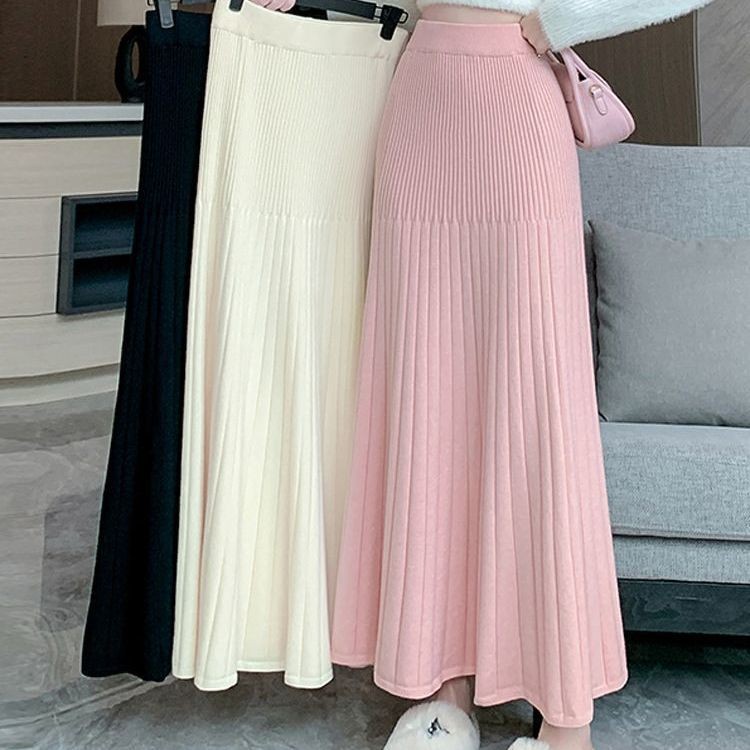 K ถักจีบกระโปรงสไตล์ใหม่ยืดหยุ่นเอวสูง Slimmer ดูผ้าม่าน a-Line สะโพก-Packed Fishtail ยาวสกี