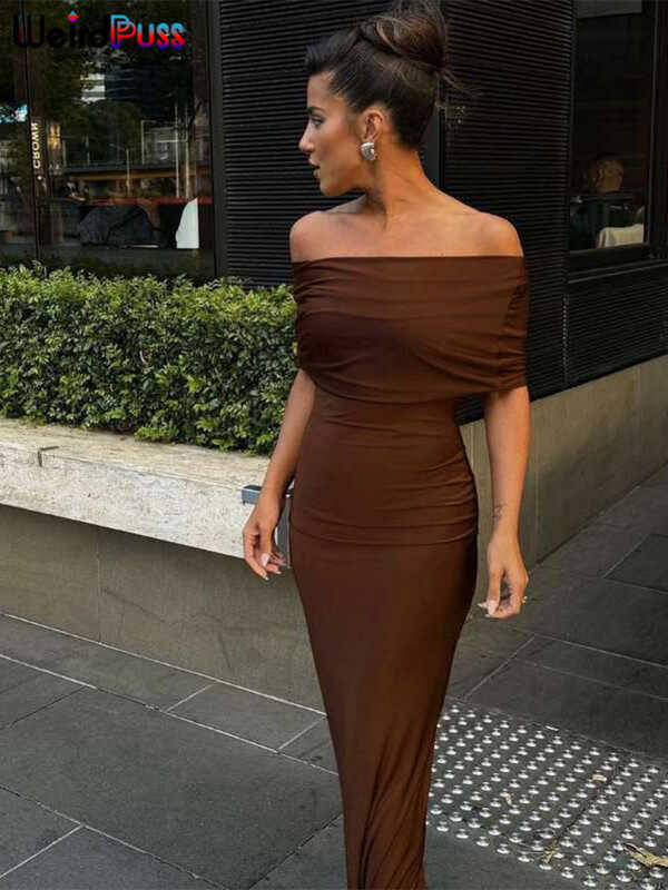 ▥ Weird Puss Slash Neck Elegant Solid Dress Women Summer Hollow Skinny Stretch Maxi Bodycon Birt