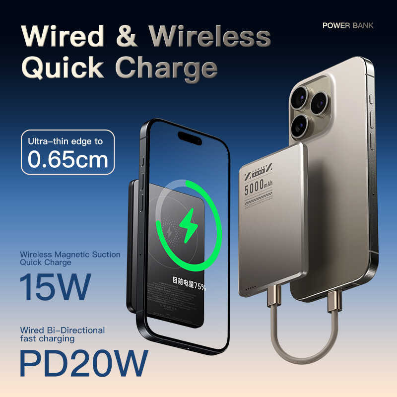 ▥ 6.5Mm Slim Metal Magnetic Qi2 Wireless Powerbank External Spare Battery Portable Fast Charger