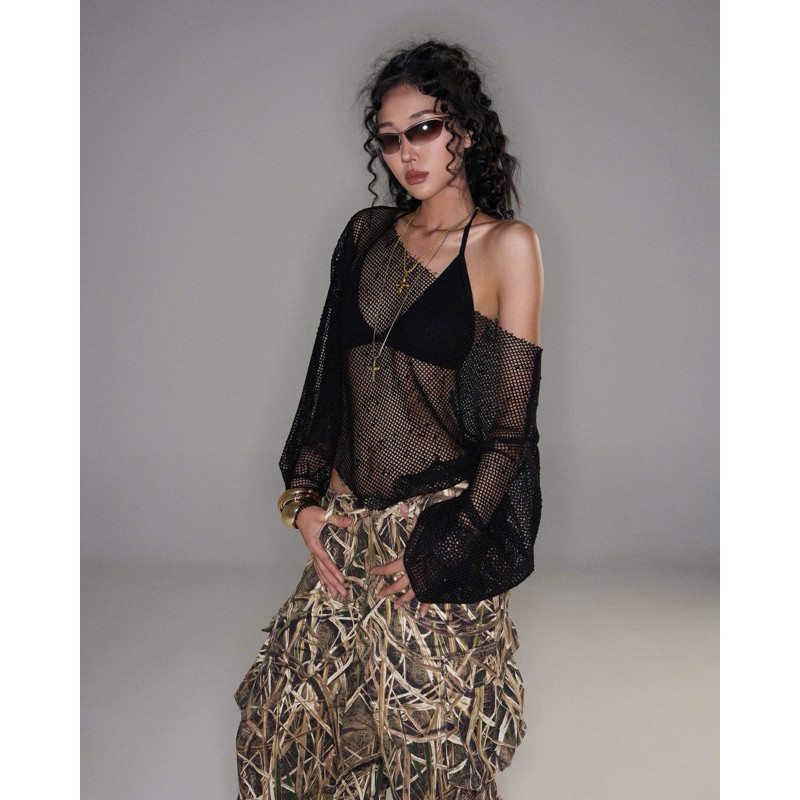 Twenti เสื้อโครเชต์แขนยาวตาข่ายสีดําพร้อมเสื้อชั้นในสีดํา