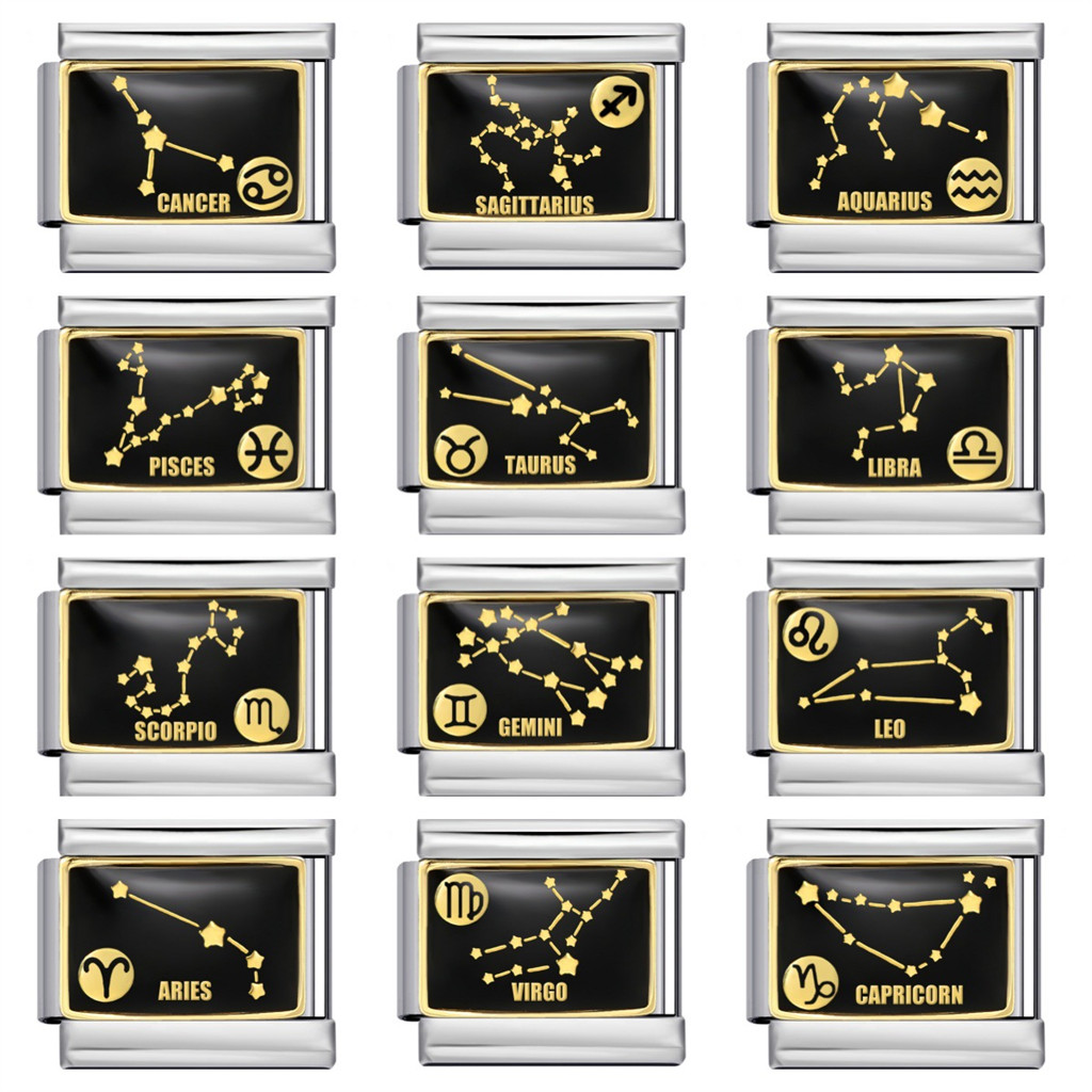 12 Constellation Zodiac Signs Black Glaze Italian Charm Link Fit 9 มม.เครื่องประดับสแตนเลส