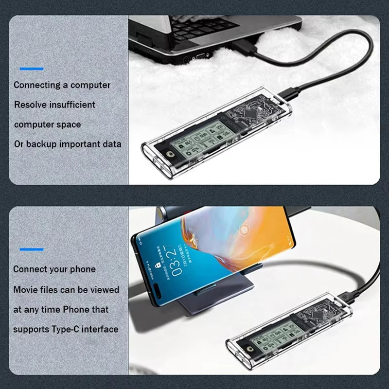 กล่องใส่ SSD โปร่งใสพร้อมจอแสดงผลอัจฉริยะ SATA SSD อะแดปเตอร์ USB 3.2 ประเภท C M.2 NVclosure/NGFF Tourist Protocol