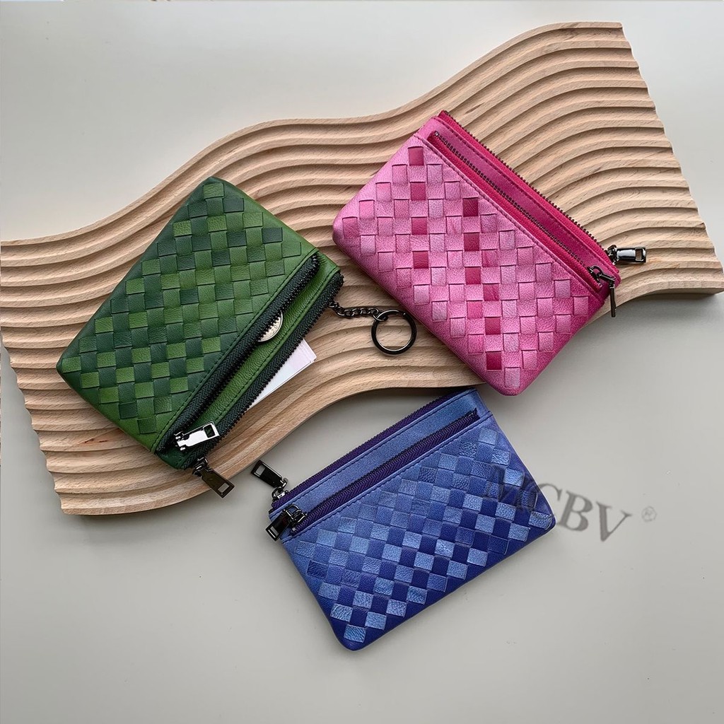 Bottega VENETA หนังแกะกระเป๋าสตางค์ทอมือซิปกระเป๋าเงินเหรียญหนัง Mini Card Holder Key กระเป๋าเอกสาร 