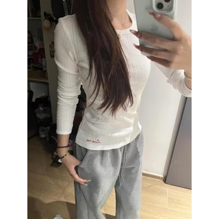 เสื้อยืดแขนยาวปักลาย Jacquard สไตล์เกาหลีของแท้ไหล่ Sli