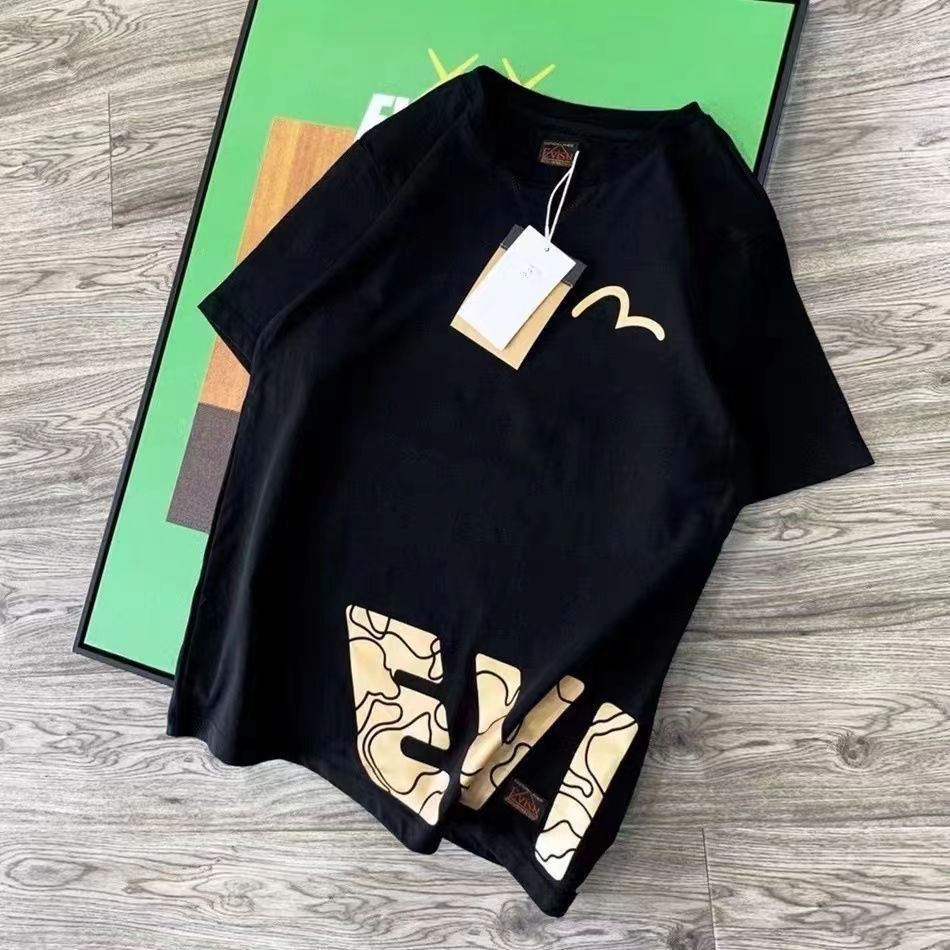 Evisu ใหม่ผ้าฝ้ายแท้ Fushen เสื้อยืดสําหรับผู้ชายและผู้หญิงลําลองหลวมคู่รอบคออินเทรนด์ครึ่งแขนพิมพ์