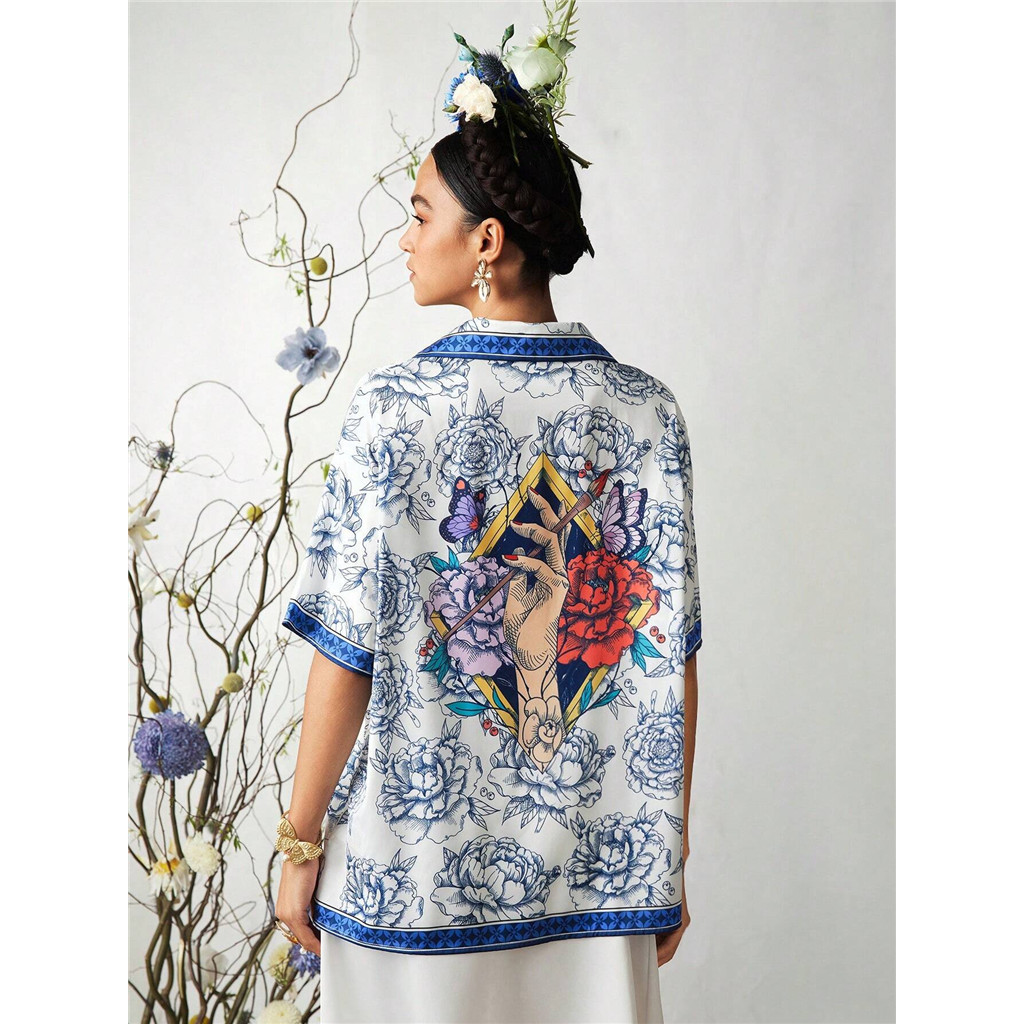 Frida Kahlo X SHEIN เสื้อวันหยุดไหล่หย่อนคล้อยขนาดใหญ่หลวมฤดูร้อน