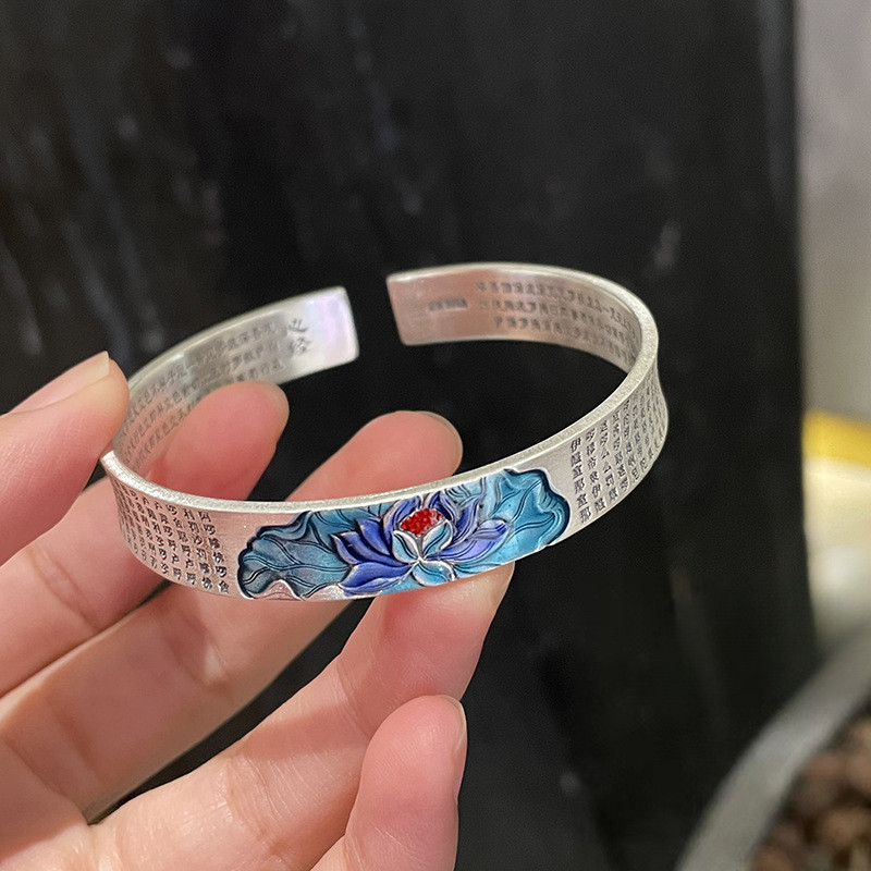 Jf Lotus Heart Sutra Great Compassion Mantra เปิดสร้อยข้อมือ 999 เงินสเตอร์ลิงคั่ว Blue Lotus Niche