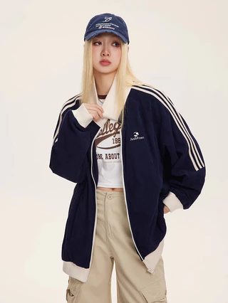 Solovely M-2XL ผู้หญิง สไตล์เกาหลี ผ้าฝ้าย เสื้อตัวบน แขนยาว เสื้อโค้ท ปักลาย ลายทาง แจ็คเก็ต ซิปเต็มตัว โอเวอร์ไซส์ เสื้อสเวตเตอร์