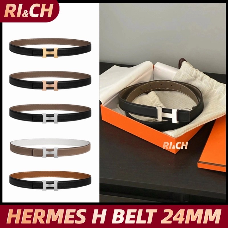 ♞Hermes H Women's Belt Buckle & Double Leather Belt 24mm เข็มขัดผู้ชาย #Rich Hermès แท้ KLJ