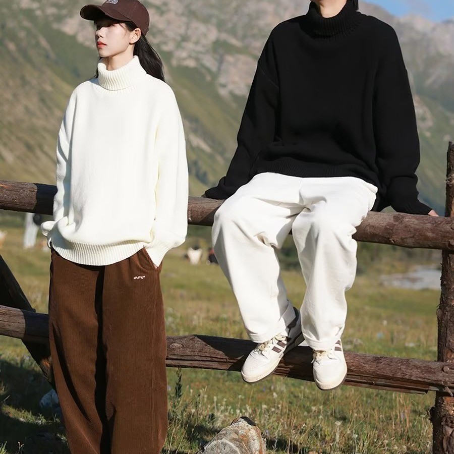 ♞ เสื้อกันหนาว เสื้อกันหนาวคอเต่าสีทึบสไตล์เกาหลีหลวมสบายๆด้านบน vbc