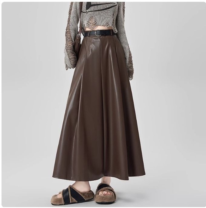 อุปกรณ์ ตกแต่งบ้าน สีกาแฟกระโปรงหนัง pu กระโปรงผู้หญิงสไตล์ใหม่เอวสูงผ้าม่าน a-Line ร่มจีบกระโปรงกระโปรงยาว ราคาถูก