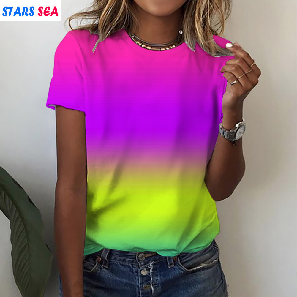 เสื้อสตรีแขนสั้น Gradient 3D ดอกไม้พิมพ์ O-คอ Casual Y2K Tops บุคลิกภาพ Tees