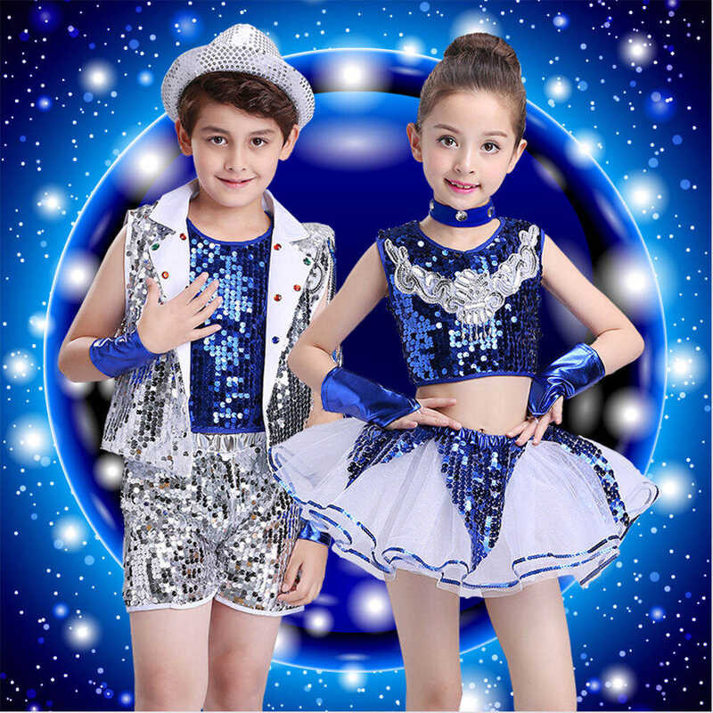 LY Lolanta New 4Pcs Boys Sequins Modern Street Costumes Kids Blue Yellow Hip-Hop Performance Outfit