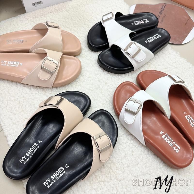 รองเท้าแตะ IVY SHOES แบบสวมเข็มขัด หนังนิ่ม พื้นนุ่ม มินิมอล (แบบทูโ