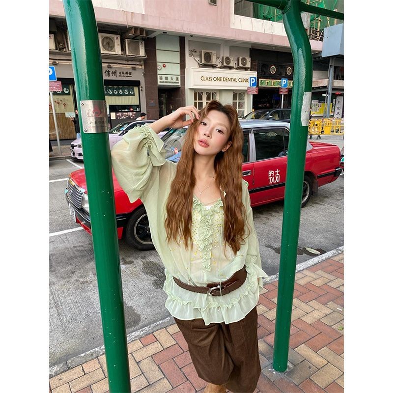 Shanmieleng Ruffled Hot Diamond บางสไตล์ครีมกันแดดเสื้อฤดูร้อนสไตล์ใหม่หลวมเสื้อแขนยาวผู้หญิง