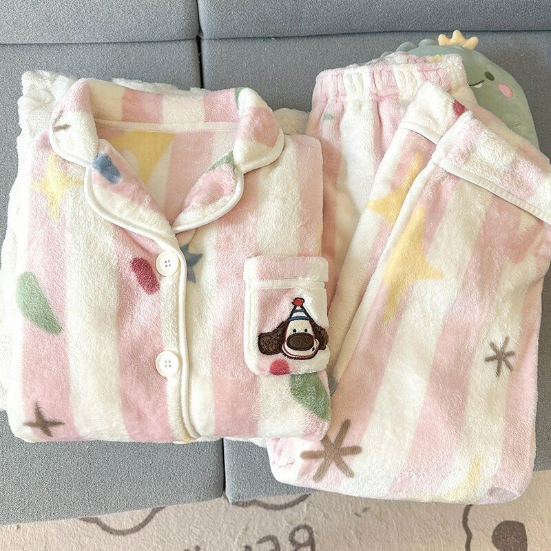 FDS ชุดนอนผ้าคอรัลฟลีซสำหรับผู้หญิงฤดูหนาวการ์ตูนปักลายตัวตลกผ้าสักหลาดหนาปกชุดบริการที่บ้าน