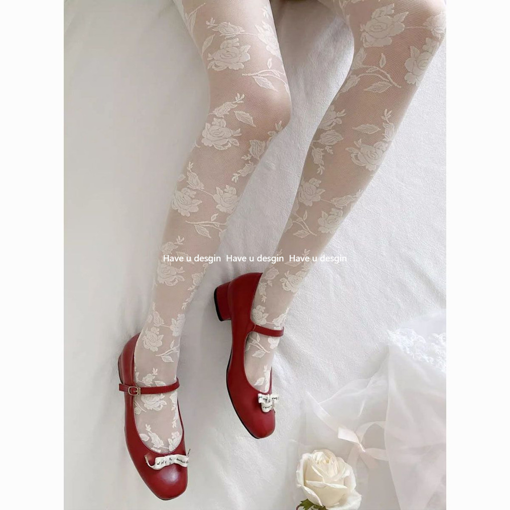 มี u desgin Rose รูปแบบถุงน่องสีขาว Pure Desire สไตล์ลูกไม้ Jacquard หวานภาษาฝรั่งเศสคําฤดูร้อนบางเฉียบโปร่งใสเนื้อขาสวย Pantyhose ผู้หญิง
