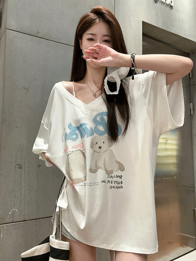 Solovely ผู้หญิง สไตล์เกาหลี หลวม ผ้าฝ้าย เสื้อตัวบน พิมพ์ลาย คอวี โอเวอร์ไซส์ แขนสั้น เสื้อยืด