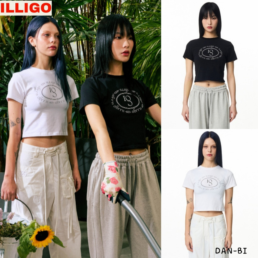 ♞,♘[ILLIGO] เสื้อยืดครอป ลายเซ็น 2 สี / สินค้า KR ของแท้ 100% / สําหรับฤดูร้อน! XLF