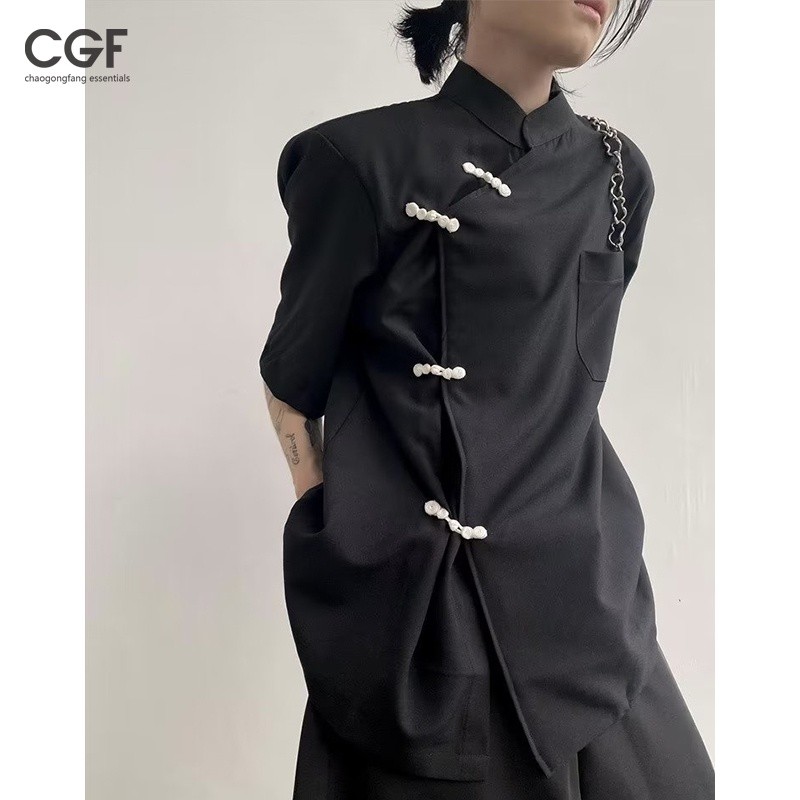 ♞,♘,♙Chaogongfang เสื้อเชิ้ตแขนสั้น คอสี่เหลี่ยม สไตล์จีน เรียบง่าย cvb