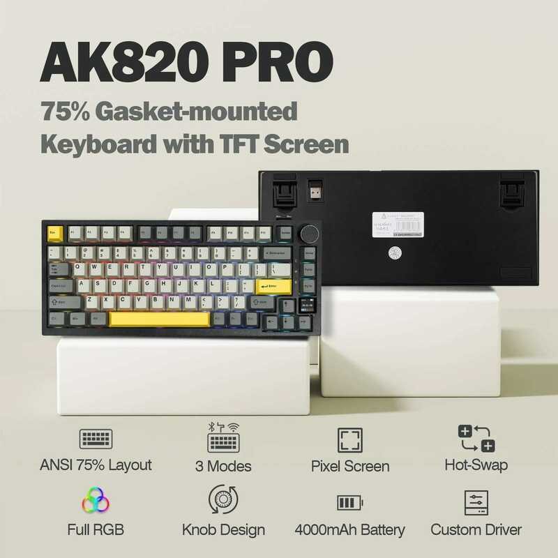 ▥ Azz Ak820 Pro 75% ปะเก็นติดตั้งบลูทูธ 5.1/2.4Gไร้สาย/Type-Cคีย์บอร์ดแบบมีสายพร้อมหน้าจอtftสํา