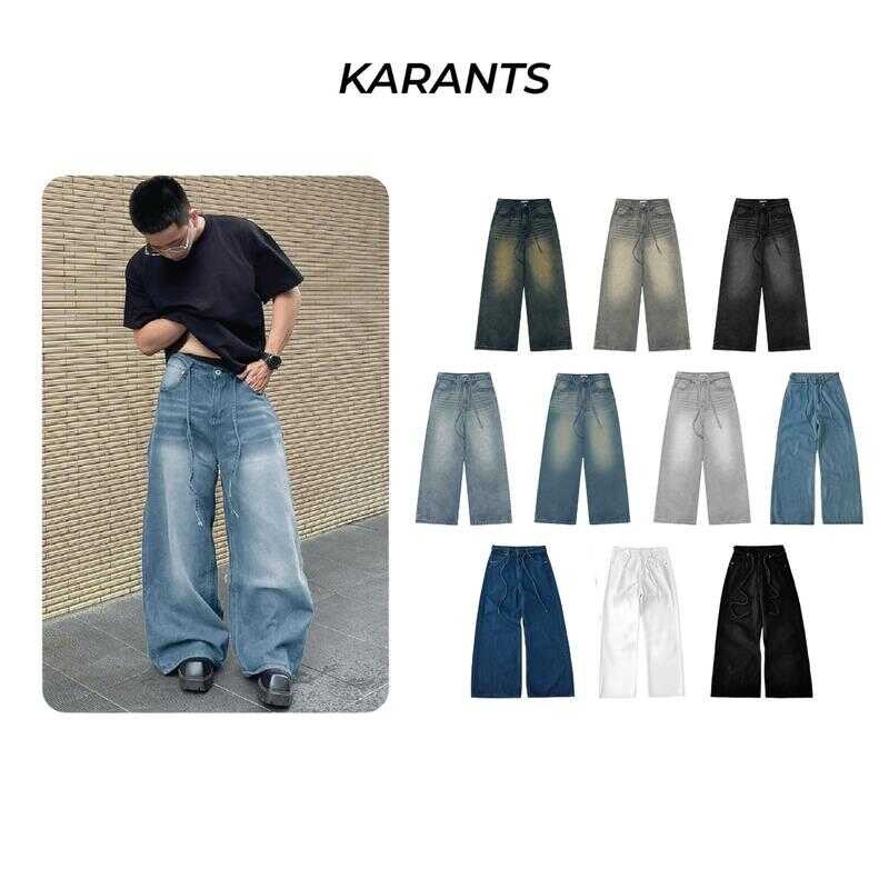 Karants กางเกงยีนส์เบสิก ขากว้าง Unisex สำหรับผู้ชายและผู้หญิง Streetwear +